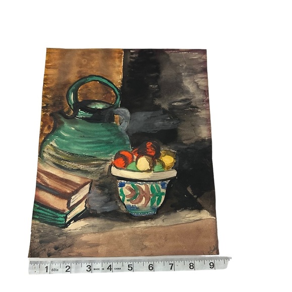 Vtg Signed Boden Water Color on Paper Still Life Books Fruit Vase Jug 11x9.5” EC - Picture 5 of 10